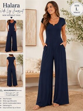 HALARA Navy Wide Leg Jumpsuit with Side Pockets Size Large